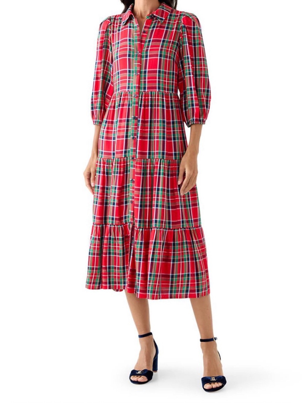 crown & ivy Red Plaid Tiered Button-Front Maxi Dress